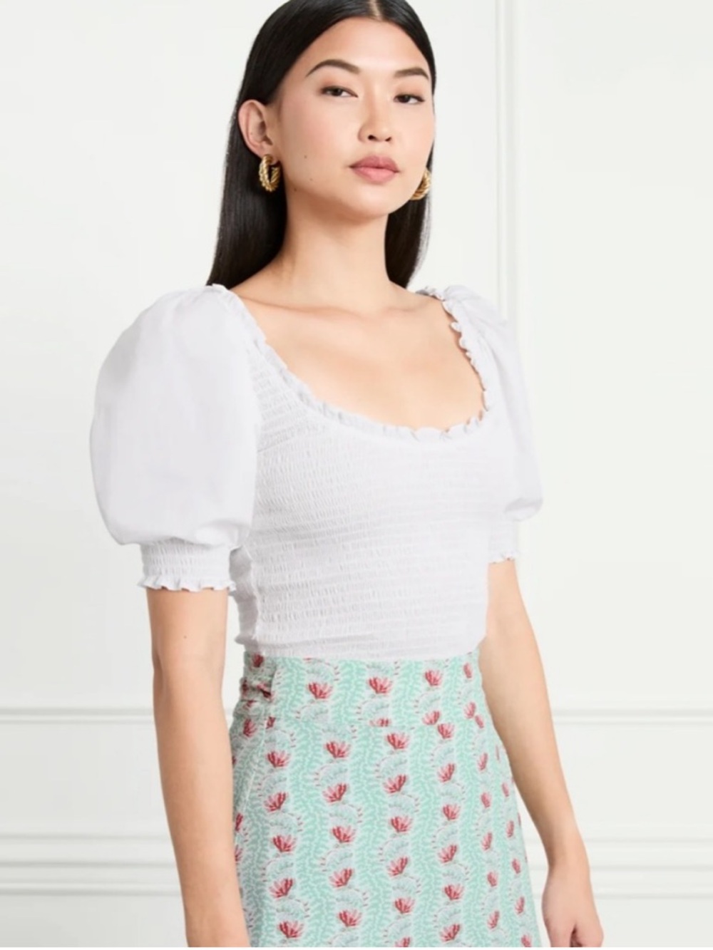 Hill House Aiko White Puff-Sleeve Smocked Crop Top